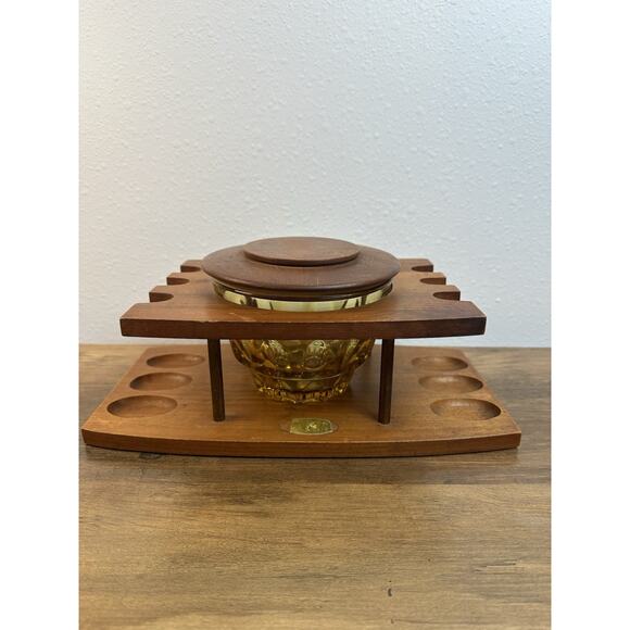 Mid Century Humidor - Etsy Vintage MCM Walnut Wood Cigar Caddy Amber Glass w Lid 1960s
